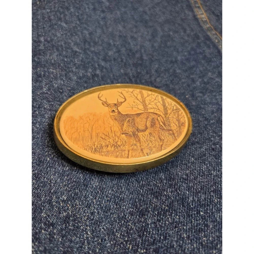 Vintage Solid Brass Bartow Co. Deer Stag Belt Buckle - Etched Scene